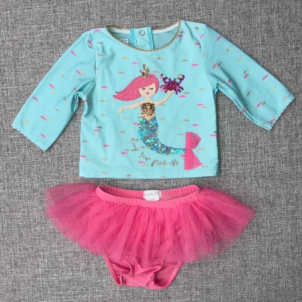 Mudpie with Atlantis Baby tags mermaid swim set 12-18m overall VGUC